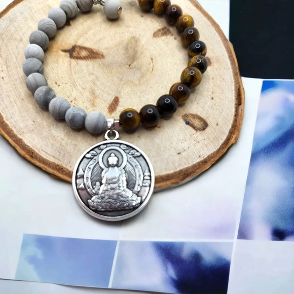Tiger Eye, Grey Jasper Buddha medicine bracelet - Picture 2 of 2